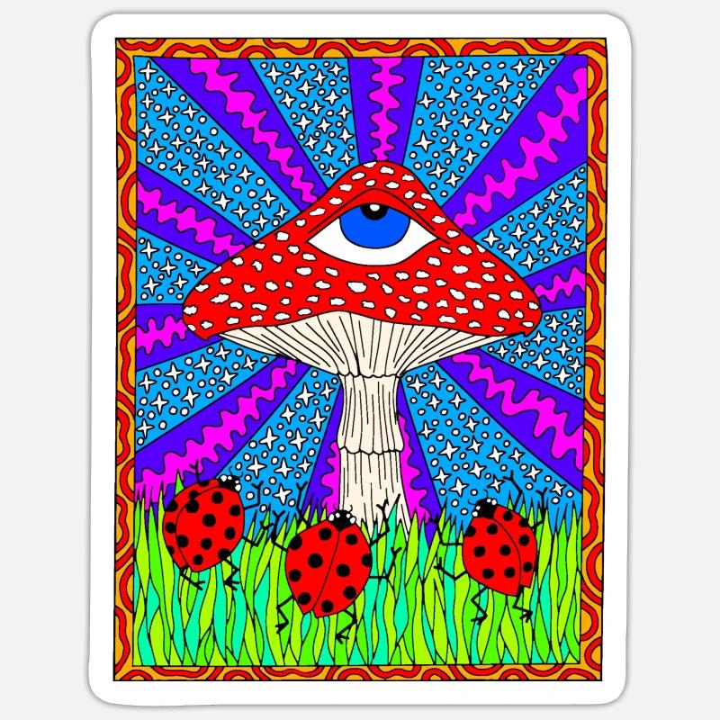 Hippie Magic Toadstool Rétro Psychédélique - Sticker taille S (10 x 10 cm) - blanc mat