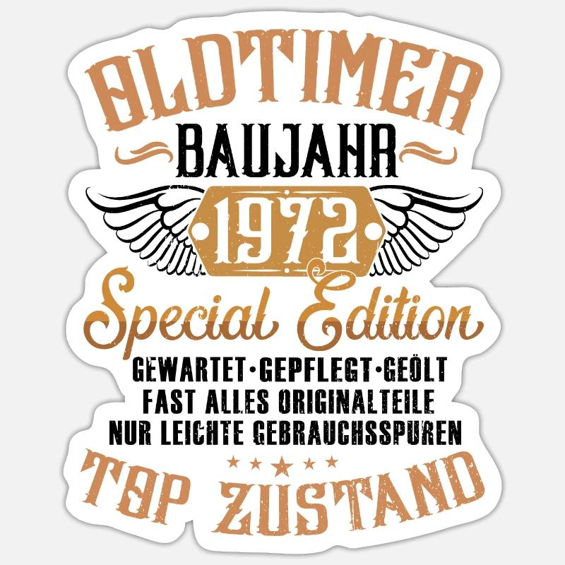LUSTIG 50. GEBURTSTAG OLDTIMER 1972 EINZELSTÜCK - Sticker Größe S (10 x 10 cm) - Mattweiß