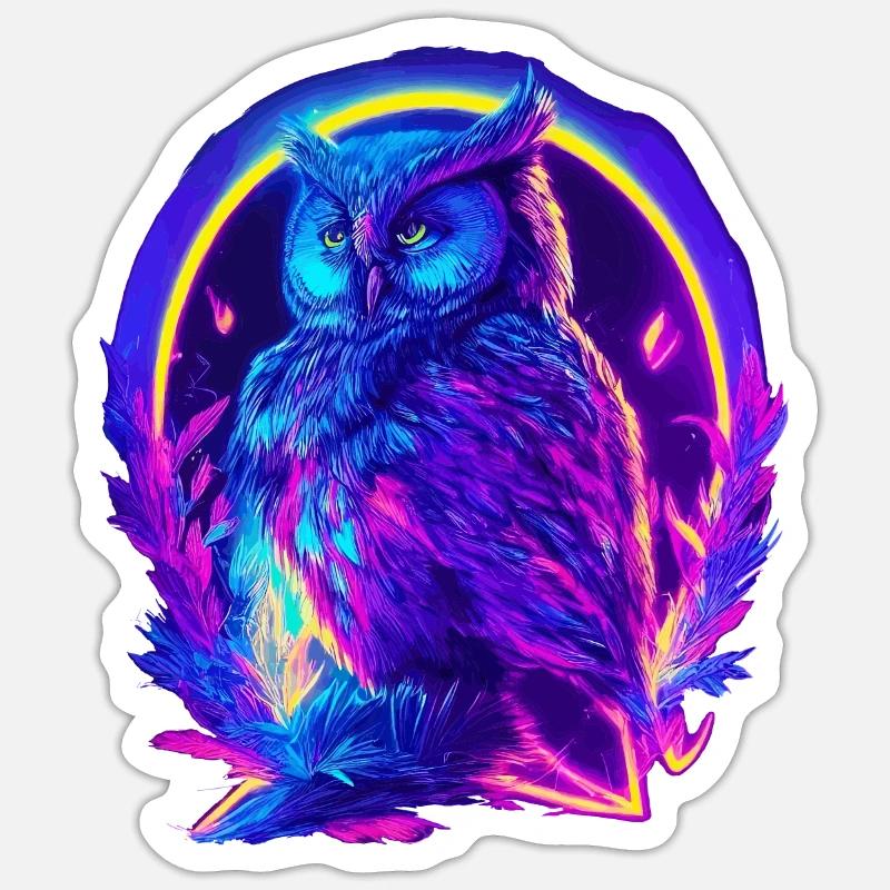Mystisch leuchtende Eule Neon Synthwave - Sticker Größe S (10 x 10 cm) - Mattweiß