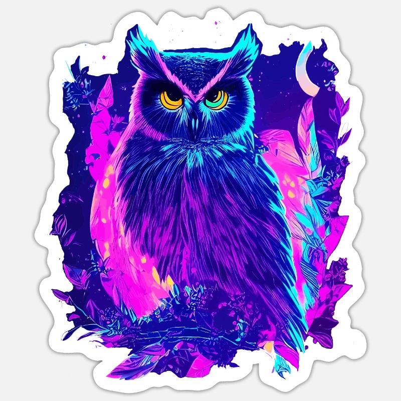 Neon Glowing Owl Synthwave - Sticker taille S (10 x 10 cm) - blanc mat