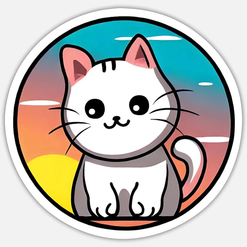Mignon chat Coucher de soleil design blanc Sticker taille S (10 x 10 cm)