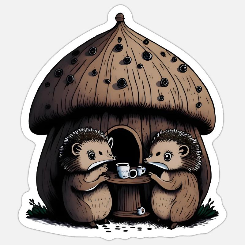 Hedgehog Teaparty Mushroom Accueil - Sticker taille S (10 x 10 cm) - blanc mat