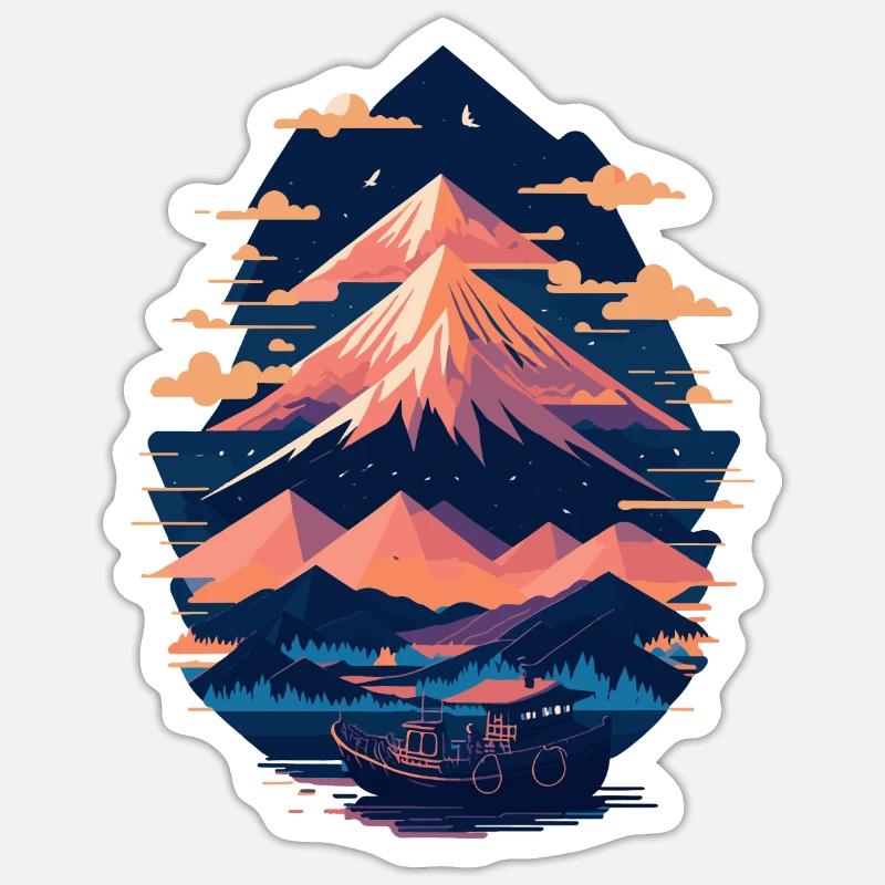 Serene Mount Fuji Sunset Peaceful River Scenery - Sticker Größe S (10 x 10 cm) - Mattweiß