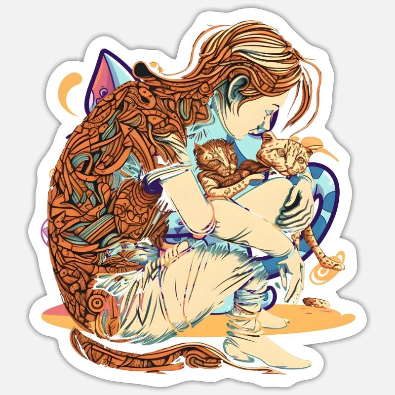 human and a cat - Sticker size S (10 x 10 cm) - white matte
