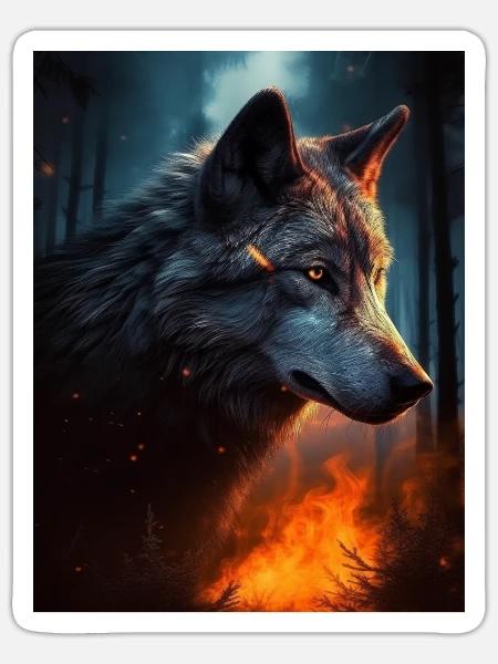 Einsamer Wolf im Feuerwald - Sticker Größe S (10 x 10 cm) - Mattweiß