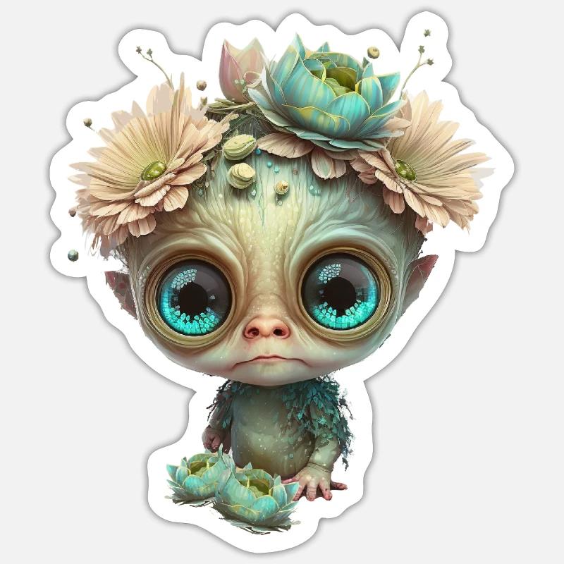 Mignon extraterrestre avec des fleurs - Sticker taille S (10 x 10 cm) - blanc mat