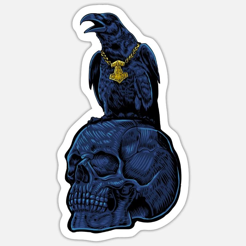 Gothic Rabe mit Mjölnir auf Schädel - Gothic - Sticker Größe S (10 x 10 cm) - Mattweiß