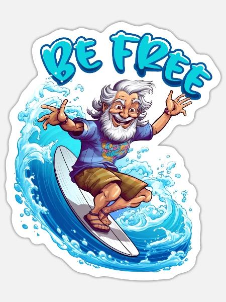 Lustiger Hippie mit einem Surfbrett - Surfer - Sticker Größe S (10 x 10 cm) - Mattweiß