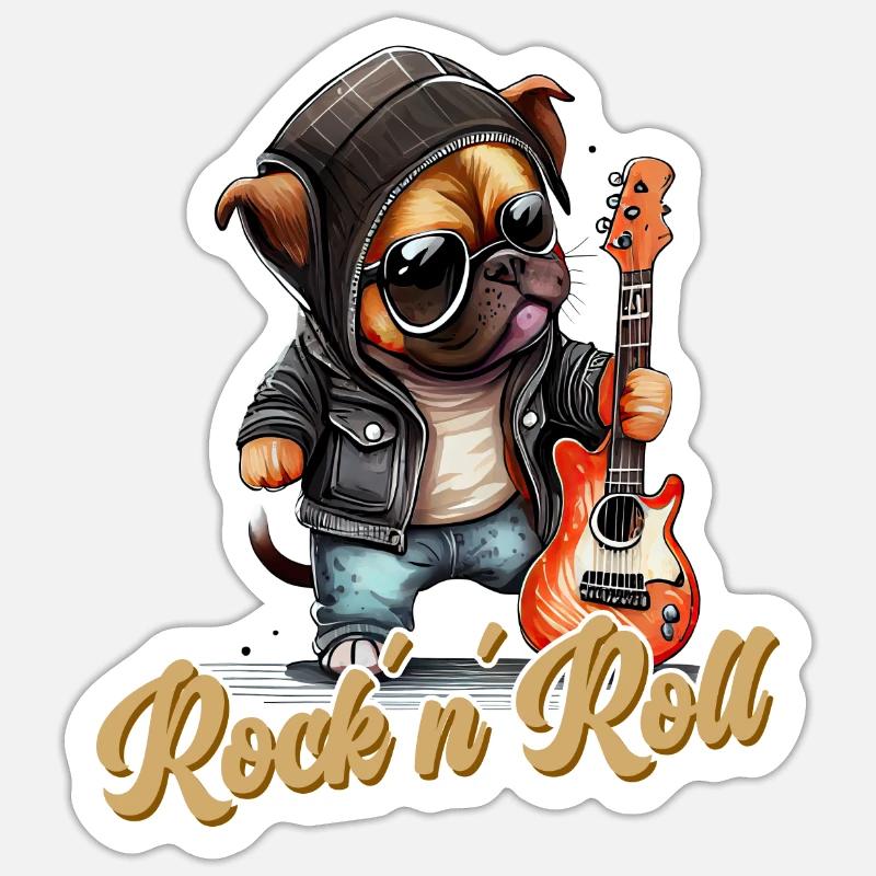 Lustiger Hund mit E-Gitarre Rock 'n' Roll - Sticker Größe S (10 x 10 cm) - Mattweiß
