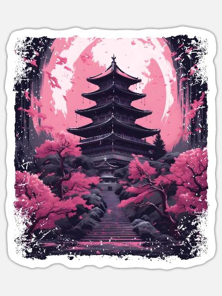 Kirschblüten-Sakura-Baum in einer Tempel-Dampfwelle - Sticker Größe S (10 x 10 cm) - Mattweiß