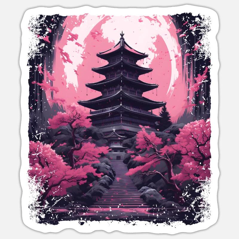 Kirschblüten-Sakura-Baum in einer Tempel-Dampfwelle - Sticker Größe S (10 x 10 cm) - Mattweiß