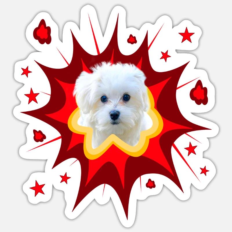 Comic Hund Design - Pow - Malteser - Sticker Größe S (10 x 10 cm) - Mattweiß