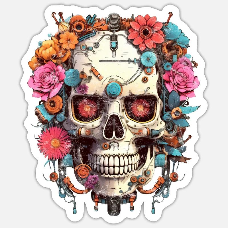 Cyborg Skull Robot Android Sugar Skull - Sticker size S (10 x 10 cm) - white matte