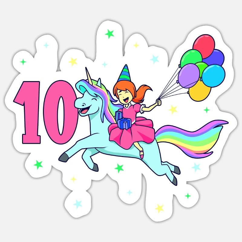 Mit Einhorn - Mädchen Geburtstag 10 Jahre - Sticker Größe S (10 x 10 cm) - Mattweiß