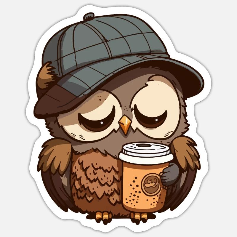 Müde Eule mit einem Kaffeebecher - Sticker Größe S (10 x 10 cm) - Mattweiß