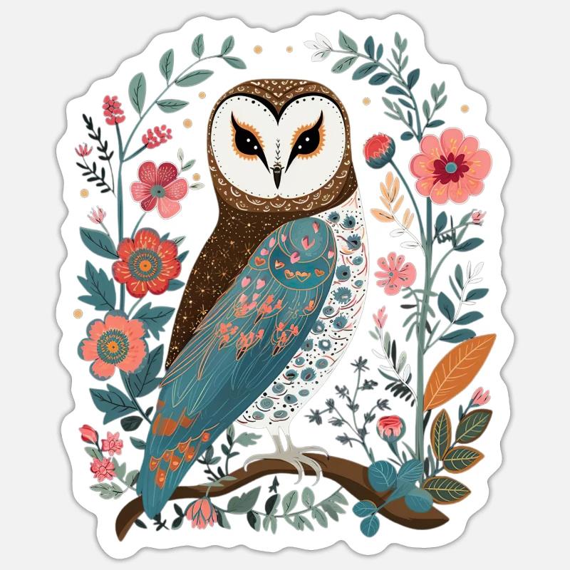 Niedliche Eule Vogel Federn Blumen Muster - Sticker Größe S (10 x 10 cm) - Mattweiß