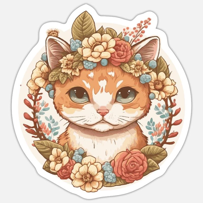Cottagecore Mignon Bébé Chaton Chaton Fleur - Sticker taille S (10 x 10 cm) - blanc mat