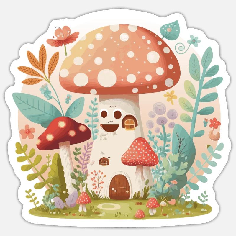 Cottagecore Mushroom Toadstool House Cute Forest - Sticker Größe S (10 x 10 cm) - Mattweiß