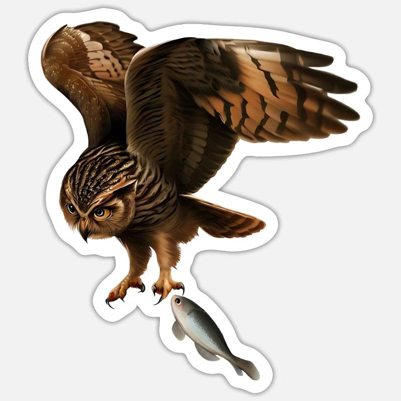 Die fischfangende Eule - Sticker Größe S (10 x 10 cm) - Mattweiß