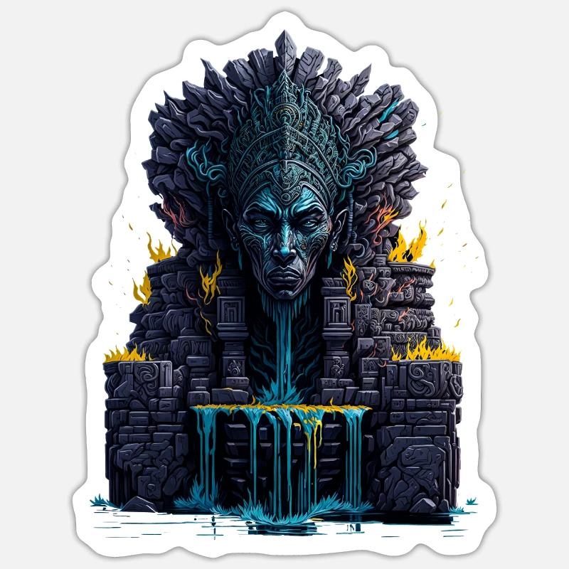 Statue du totem de la tête maya avec eau et feu Elemen - Sticker taille S (10 x 10 cm) - blanc mat