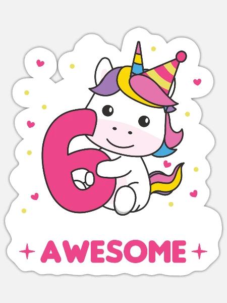 Einhorn zum 6. Geburtstag Kinder sechs Jahre alt - Sticker Größe S (10 x 10 cm) - Mattweiß