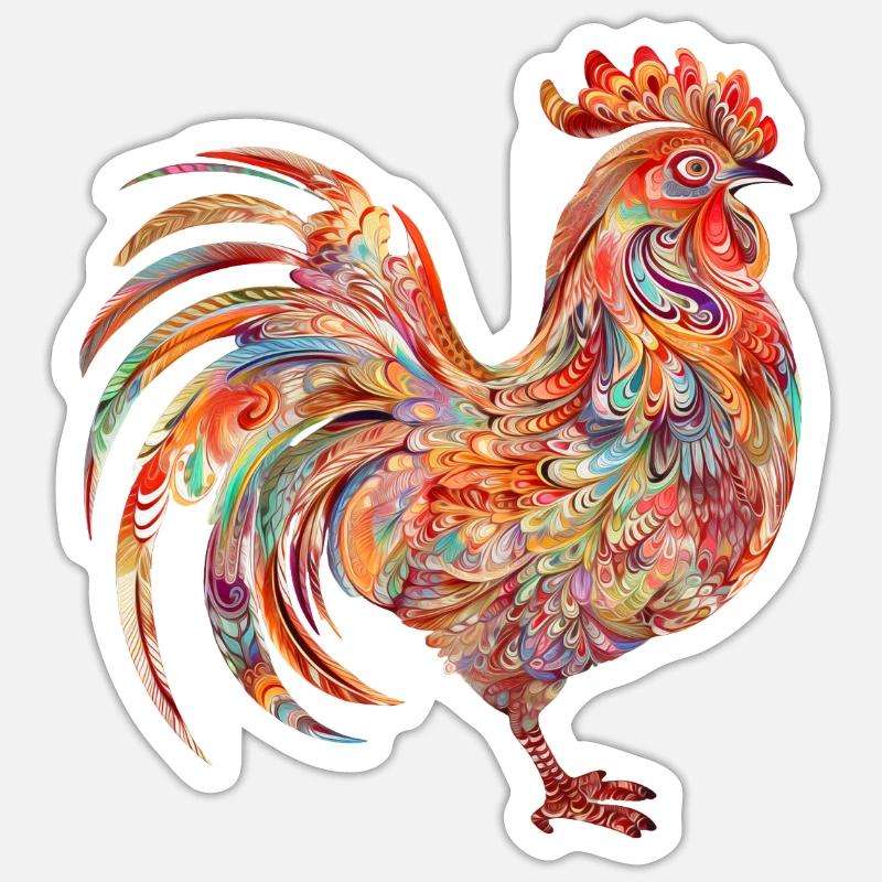 Lebendiger blumiger bunter Hahn - Sticker Größe S (10 x 10 cm) - Mattweiß