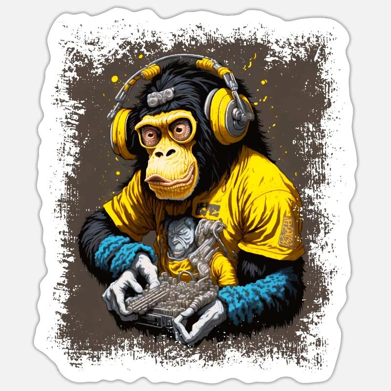 DJ Monkey - Sticker taille S (10 x 10 cm) - blanc mat