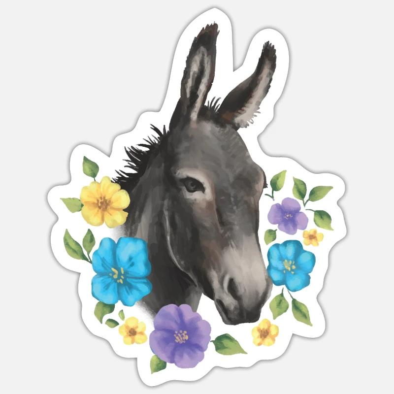 Âne et fleurs - Sticker taille S (10 x 10 cm) - blanc mat