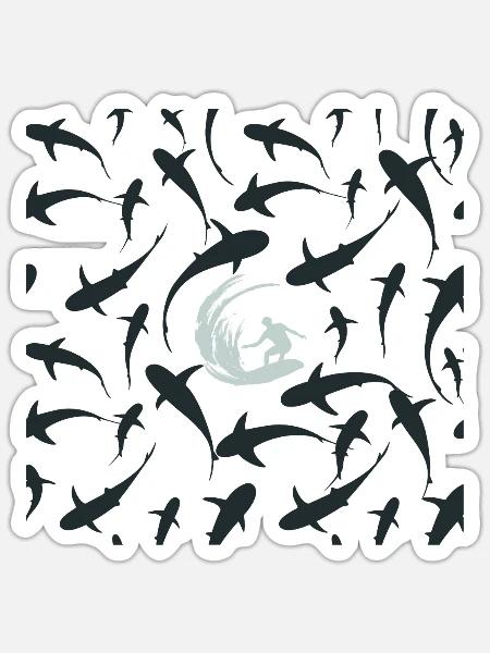 Surfen mit Haien Surfing with Sharks - Sticker Größe S (10 x 10 cm) - Mattweiß