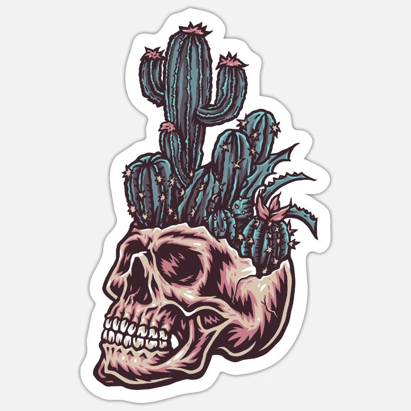 Crâne avec cactus - Sticker taille S (10 x 10 cm) - blanc mat
