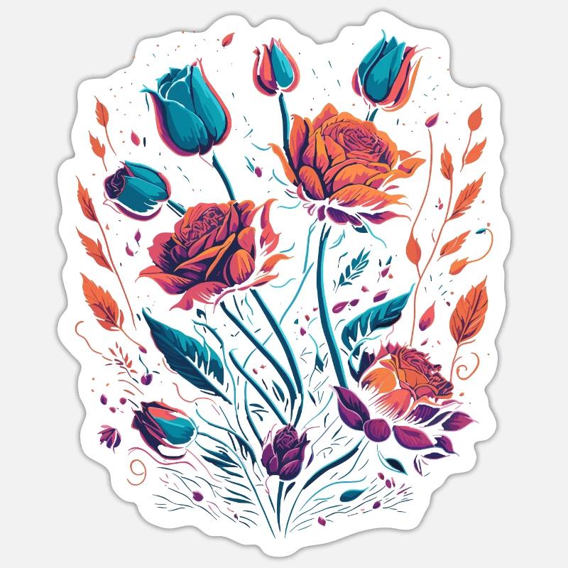 Neon Rosen Blumen Strauß - Sticker Größe S (10 x 10 cm) - Mattweiß