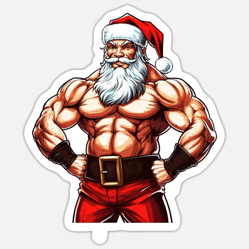 Santasaurus Flex: Weihnachts-Bodybuilder mit Weihnachtsmann Sticker Größe S (10 x 10 cm)