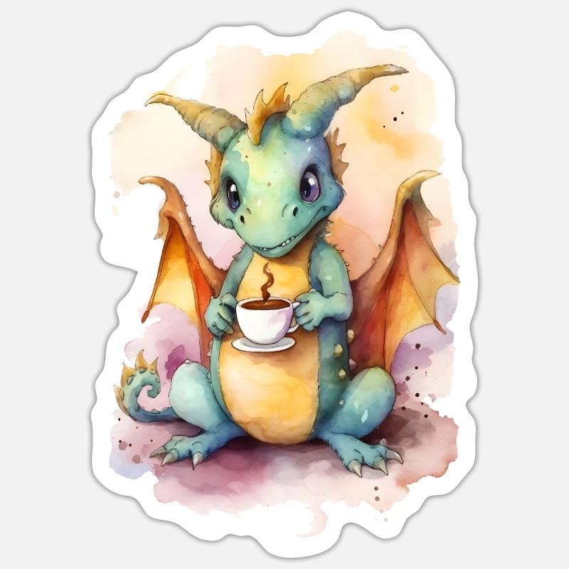 Drache mit Kaffee -Aquarellstil - Sticker Größe S (10 x 10 cm) - Mattweiß