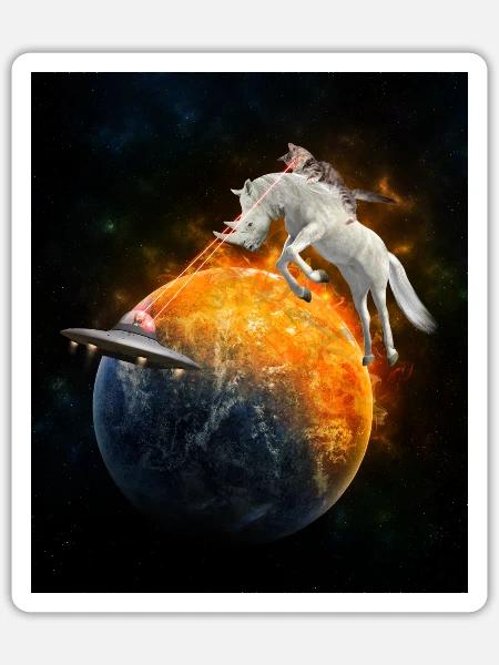 Katze Einhorn Weltall Lustig Witzig Meme - Sticker Größe S (10 x 10 cm) - Mattweiß