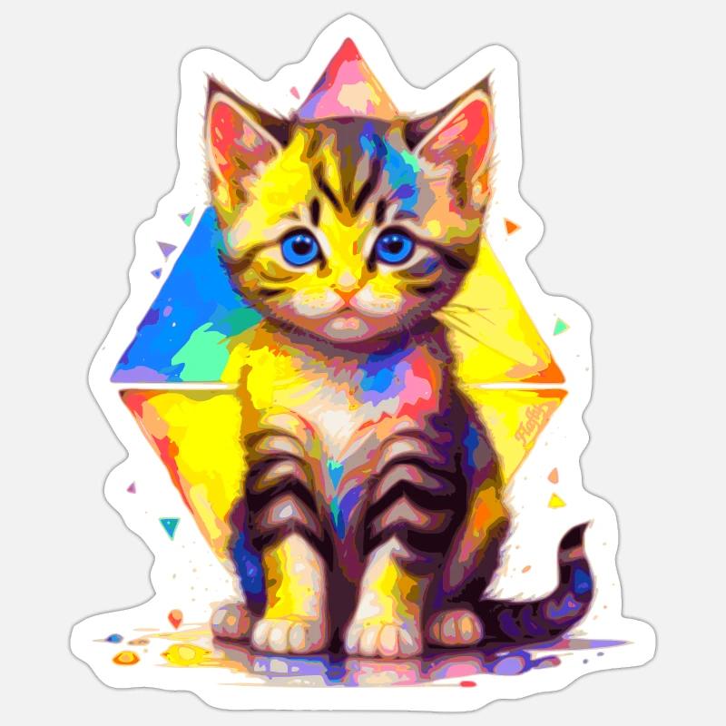Regenbogen-Kätzchen - mit Geometrien bemalt - Sticker Größe S (10 x 10 cm) - Mattweiß
