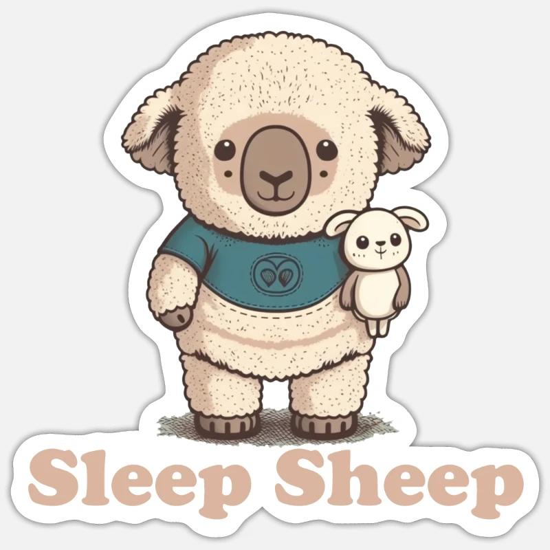 Mouton endormi avec peluche - Sticker taille S (10 x 10 cm) - blanc mat