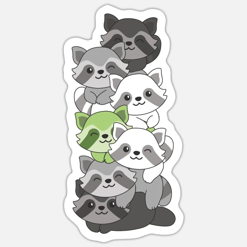 Agender Flag Pride LGBTQ Mignon Raccoon Stack - Sticker taille S (10 x 10 cm) - blanc mat
