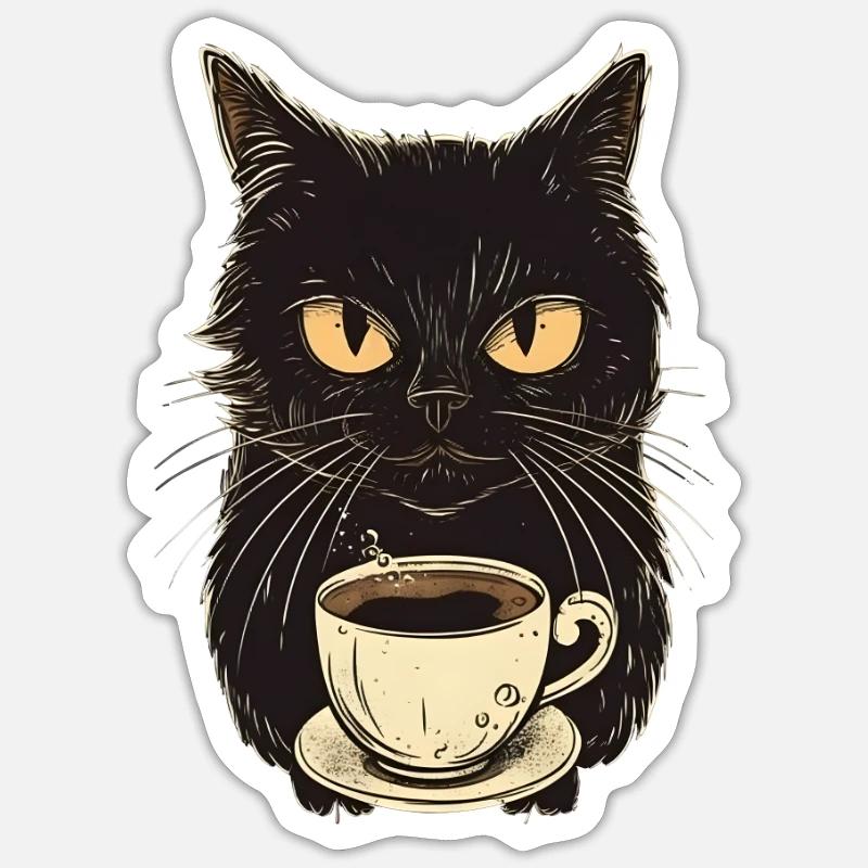 Schwarze Katze mit Kaffee Sticker Größe S (10 x 10 cm)
