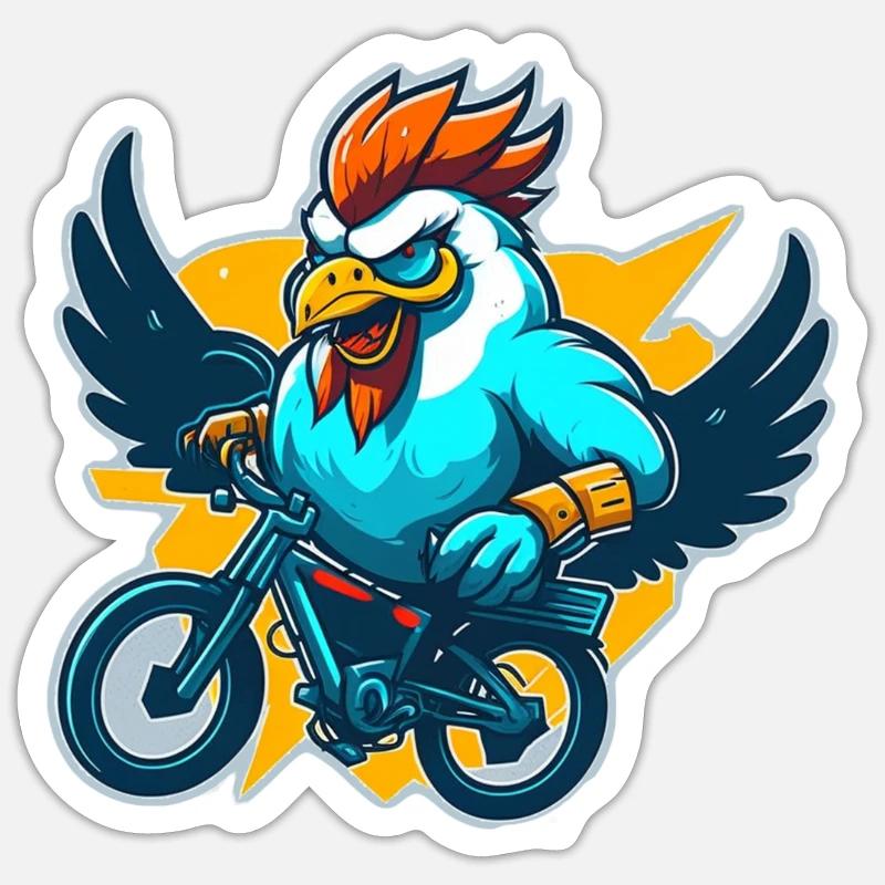 Coq avec vélo - Sticker taille S (10 x 10 cm) - blanc mat