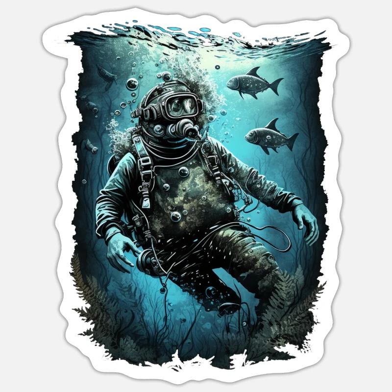 Divers with fish - Sticker size S (10 x 10 cm) - white matte
