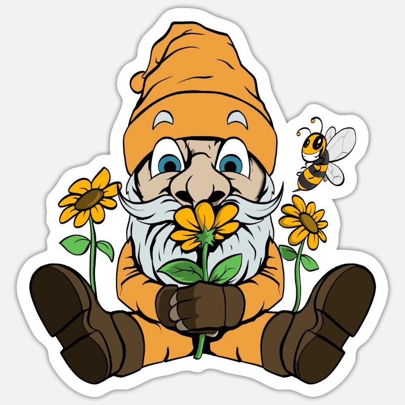 Gartenzwerg mit Sonnenblumen Garten - Sticker Größe S (10 x 10 cm) - Mattweiß