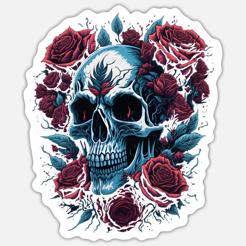 Crâne avec des fleurs de roses Sticker taille S (10 x 10 cm)
