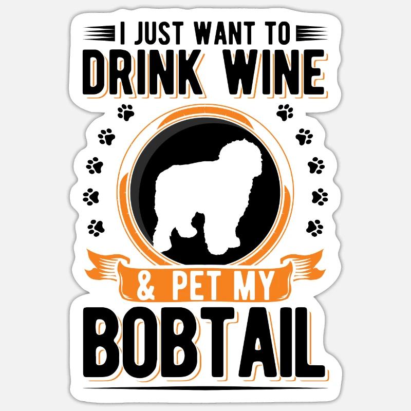 Bobtail et vin - Sticker taille S (10 x 10 cm) - blanc mat