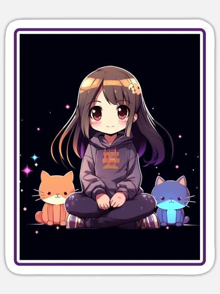 Kawaii Mädchen Anime Manga Mädchen Katze - Sticker Größe S (10 x 10 cm) - Mattweiß