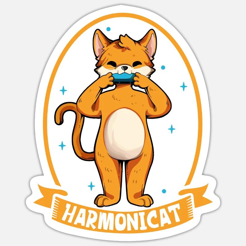 Harmonicat - Chat avec harmonica - Sticker taille S (10 x 10 cm) - blanc mat