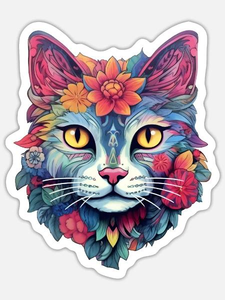 Katze Ästhetisches Blumen-Design - Sticker Größe S (10 x 10 cm) - Mattweiß