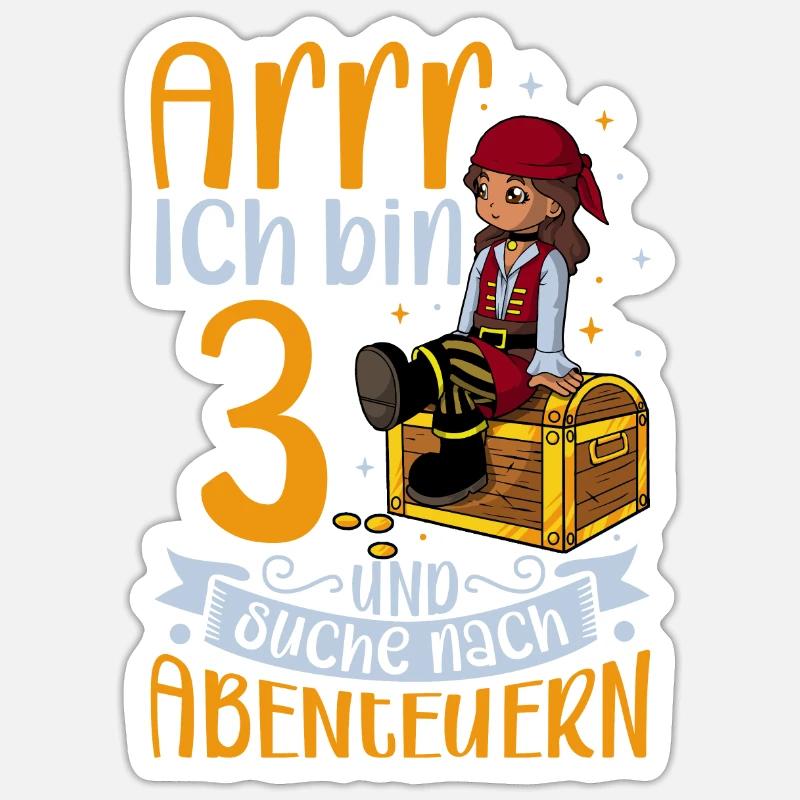 Ich bin 3 - Mädchen Pirat - Sticker Größe S (10 x 10 cm) - Mattweiß