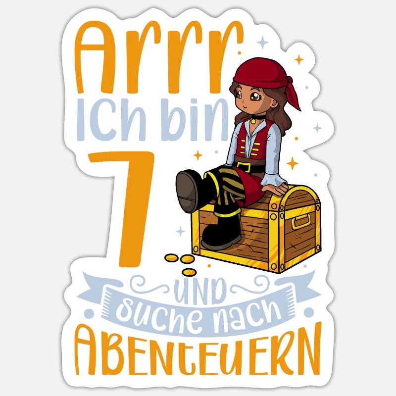 Ich bin 7 - Mädchen Pirat - Sticker Größe S (10 x 10 cm) - Mattweiß