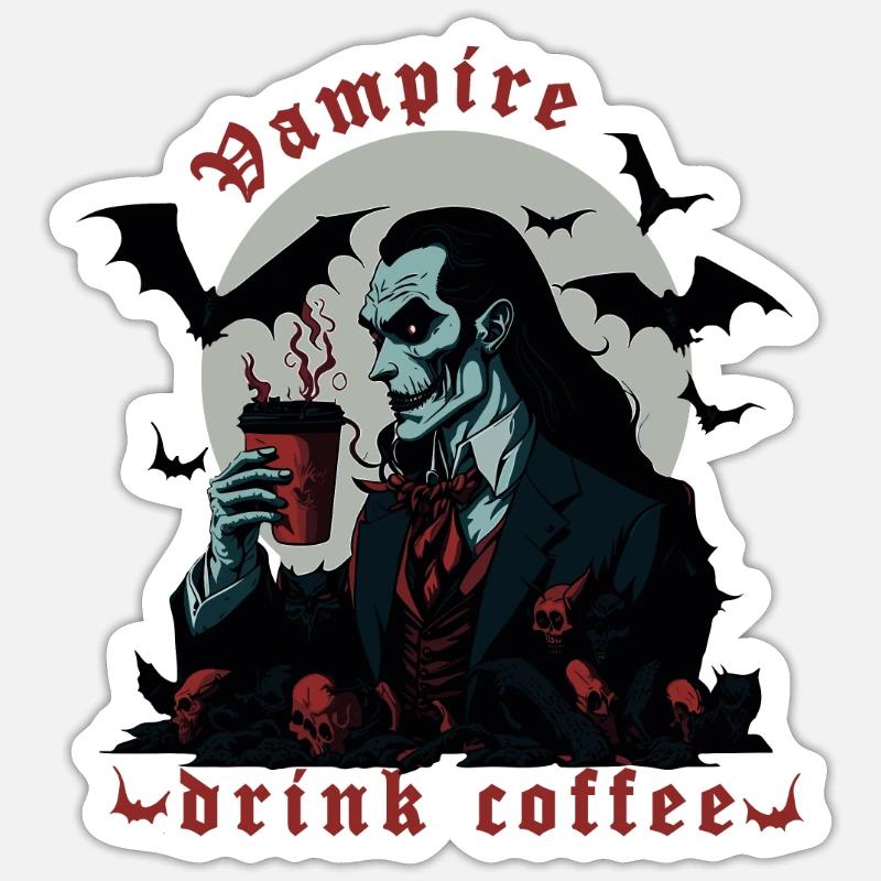 Vampire drink coffee, Dracula, Halloween - Sticker Größe S (10 x 10 cm) - Mattweiß