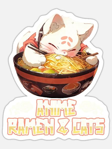 Anime Manga Kawaii Katze isst Ramen Nudeln - Sticker Größe S (10 x 10 cm) - Mattweiß